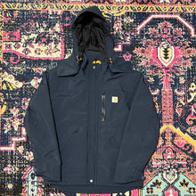 Load image into Gallery viewer, Mens Carhartt Storm Defender Rain Jacket Size Small Navy Loose Fit
