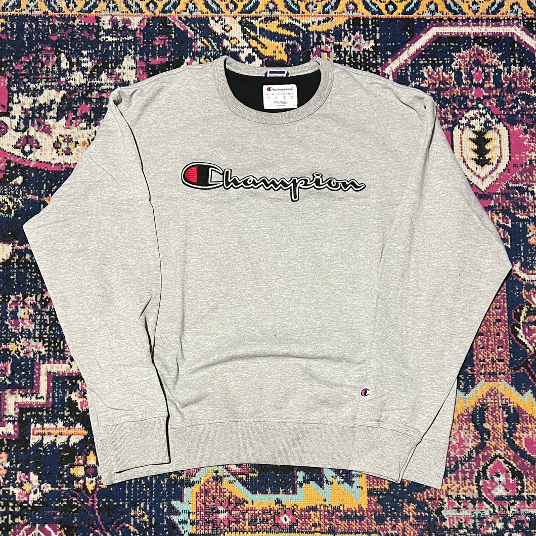 Champion Mens XL Grey PowerBlend Fleece Pullover Crew Script Logo Sweater